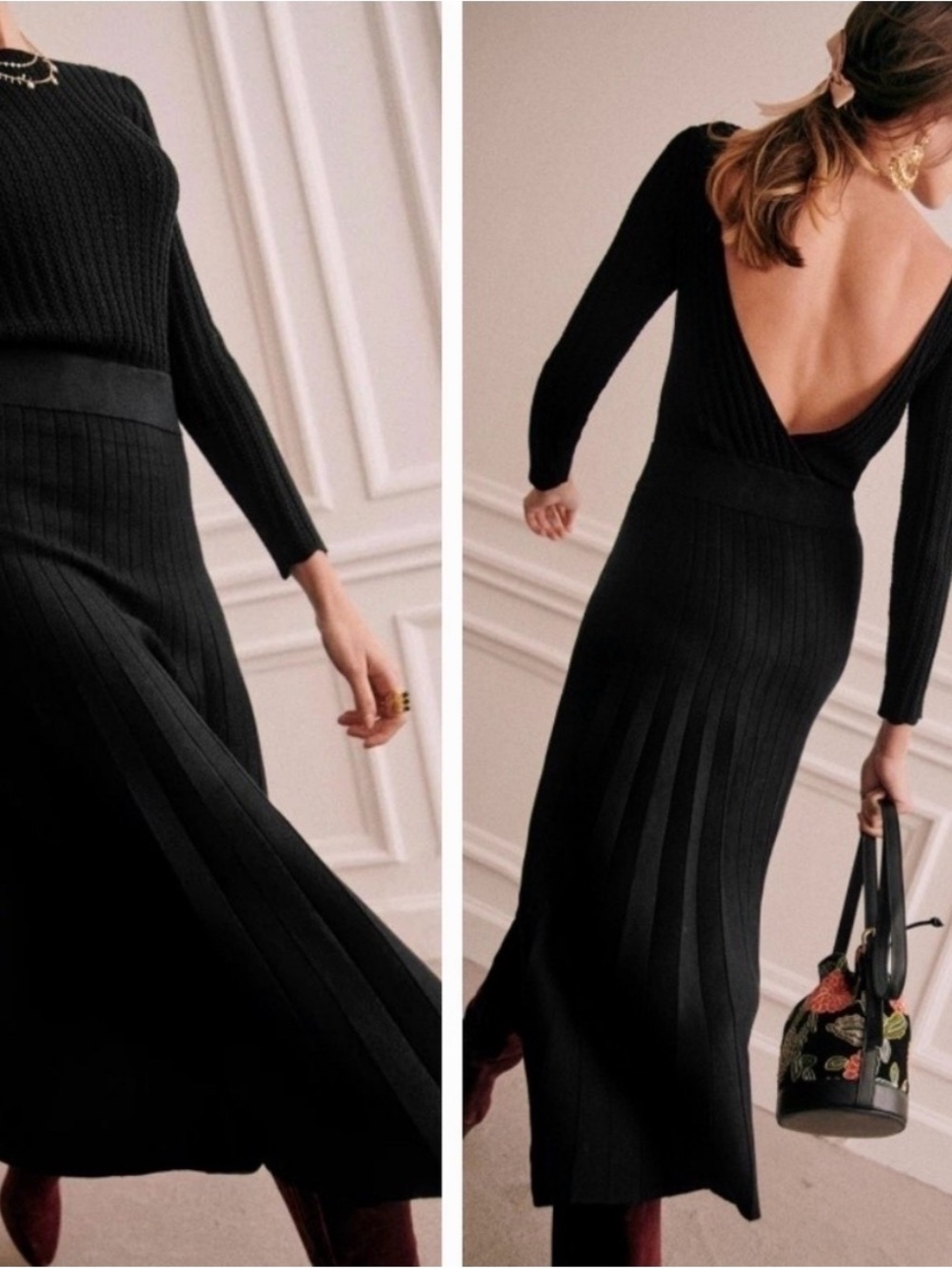 Sezane Flavie Black Ribbed Long-Sleeve Backless Midi Dress